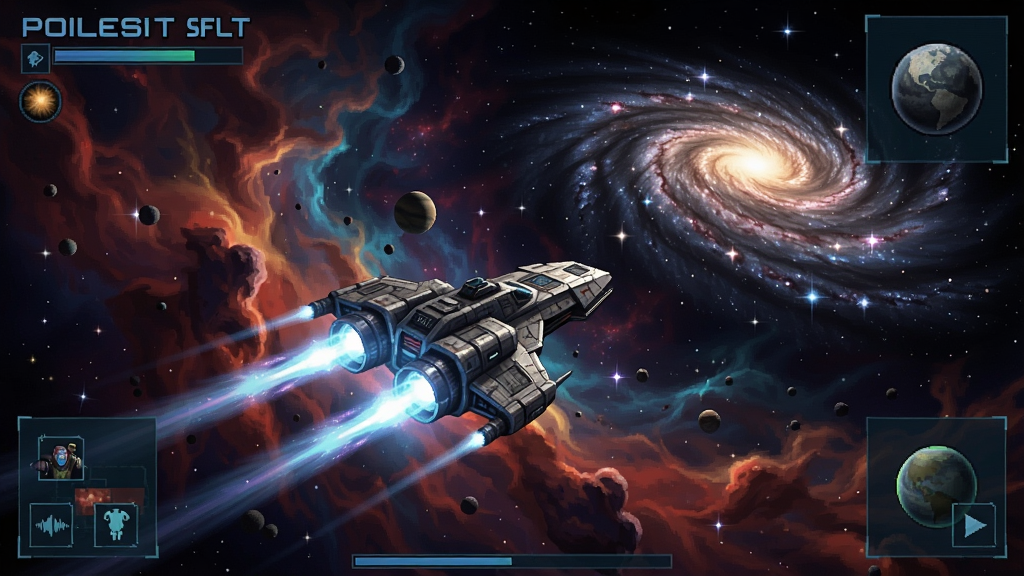 星际黑市游戏截图,一艘飞船在星云中航行,背景是彩色星系