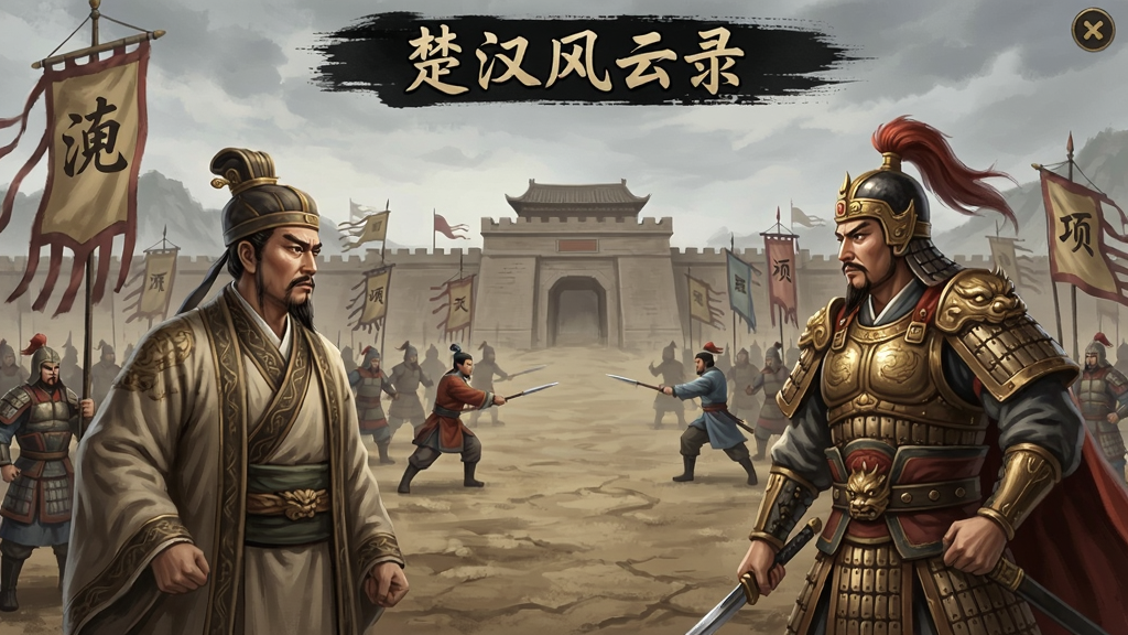 楚汉风云录游戏界面截图,古风策略战役场景,刘邦和项羽对峙