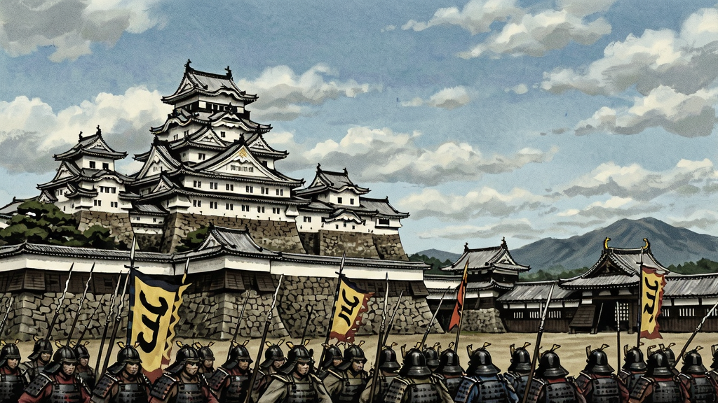 一张展示日本战国时代城池和军队的插画,体现统一天下的宏大场景