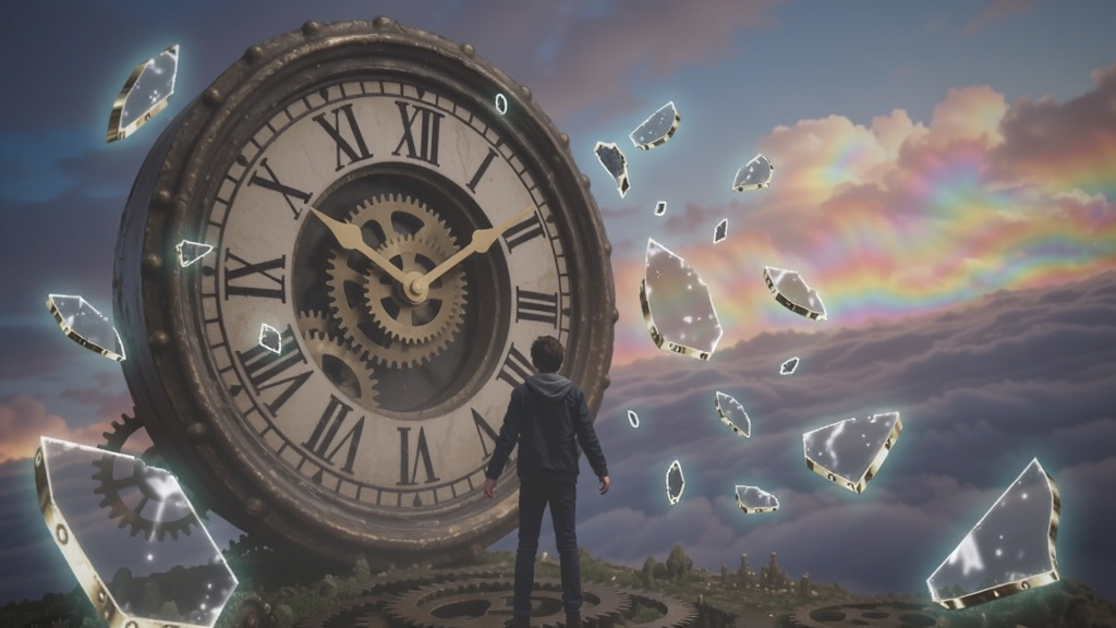 梦境世界中的奇幻场景,主角站在巨大的时钟前,周围漂浮着发光的碎片,远处有彩虹色的云朵