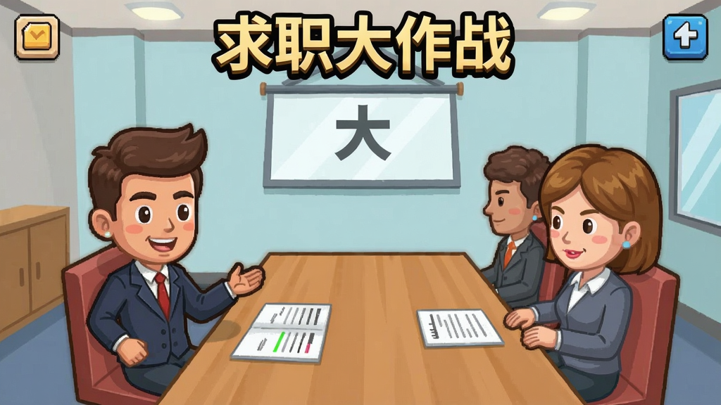 求职大作战游戏界面截图,显示人物角色在面试场景中