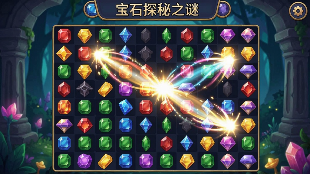 宝石探秘之谜游戏截图,玩家正在快速交换宝石,产生连锁消除特效,画面绚丽多彩