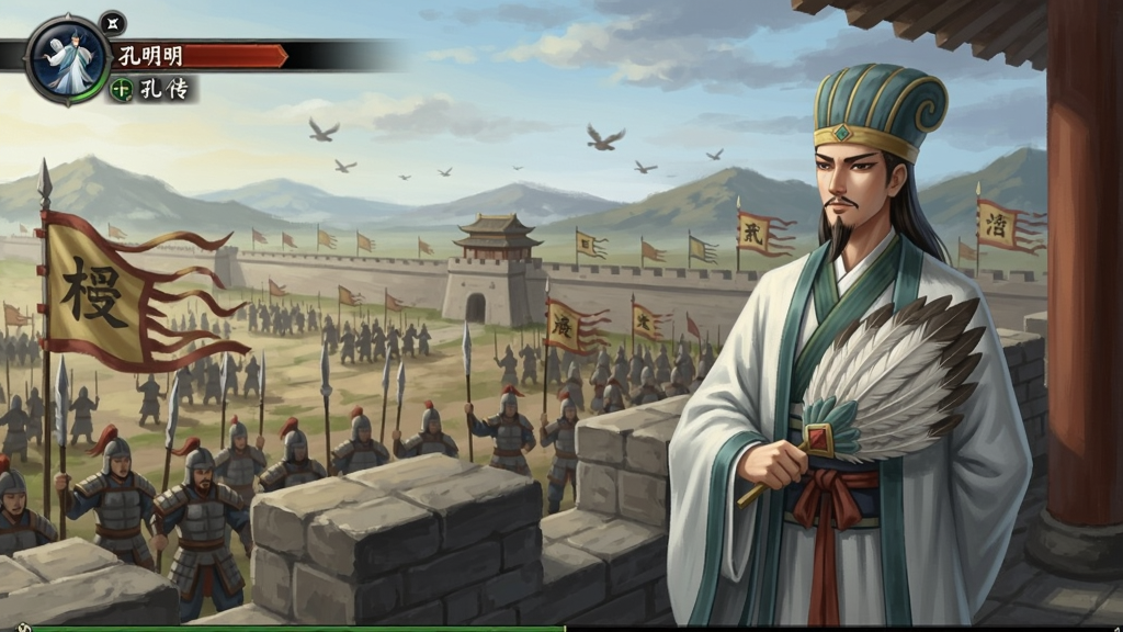 苍风孔明传游戏画面,孔明手持羽扇站在城楼上,远处是三国战场弘大场景