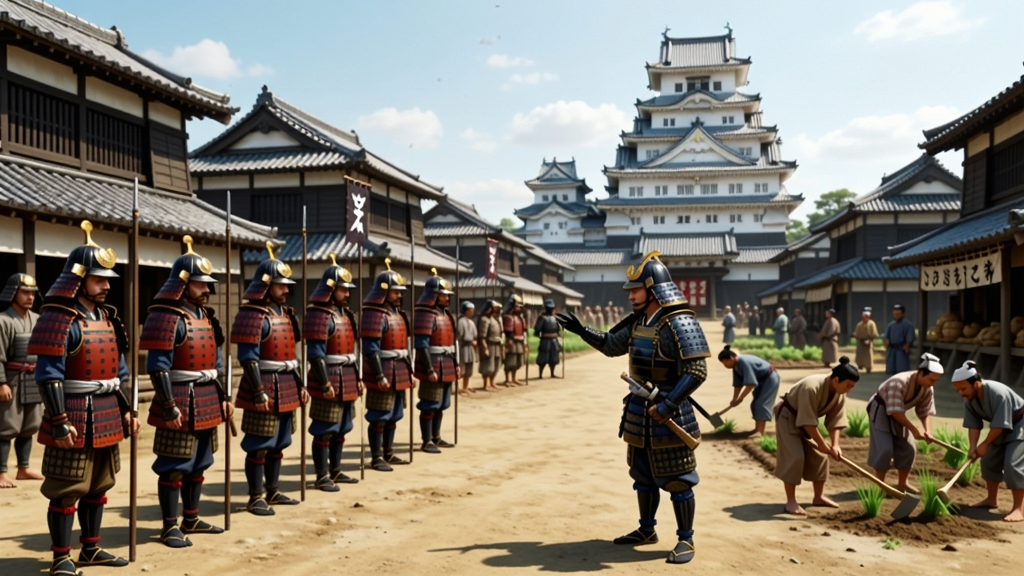 日本战国大名在城下町视察的场景,士兵列队,百姓劳作,远景有城堡
