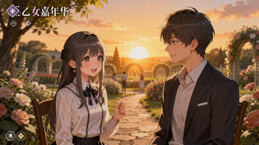 乙女嘉年华游戏画面,主角与男主角在花园中聊天,夕阳下的温柔场景