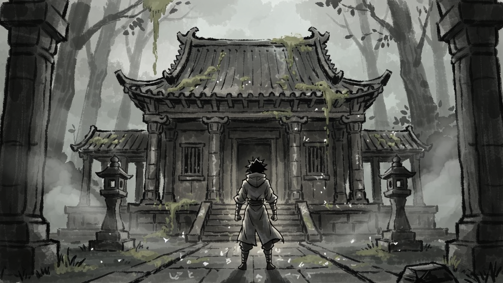 默砂之歌游戏场景,主角站在古老庙宇前,手绘风格,神秘氛围