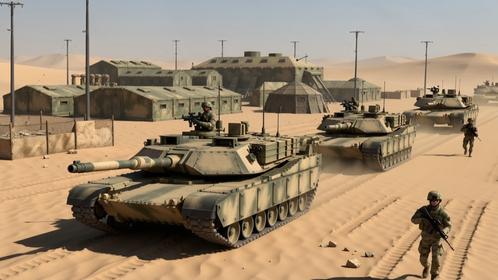 现代战争基地场景,坦克和士兵在沙漠中前进,逼真3D渲染