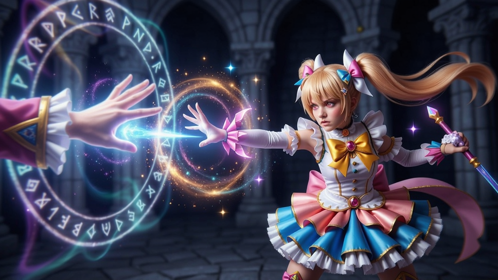魔法少女在神秘手长前的战斗场景,细节充满魔法光芒