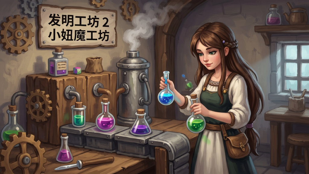 发明工坊2小妞魔工坊
制作流水线场景,范围风格,长发少女在桌前配制药剂