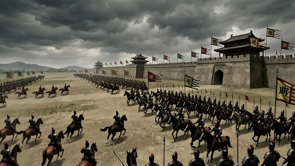 一幅三国时期战场俯视图,两军对垒,骑兵冲锋,城楼上旌旗飘扬,天空乌云密布,烘托出战争与历史的厚重氛围。