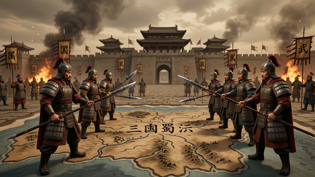 三国蜀汉武将在战栋地图上对峙,背景是古代城池,充满战火气息