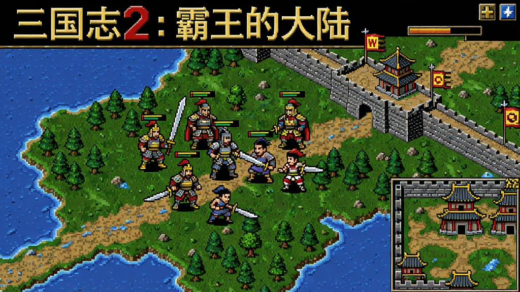 《三国志2:霸王的大陆》经典策略游戏,三国武将战场厮杀场景,像素风格,大地图与城池界面