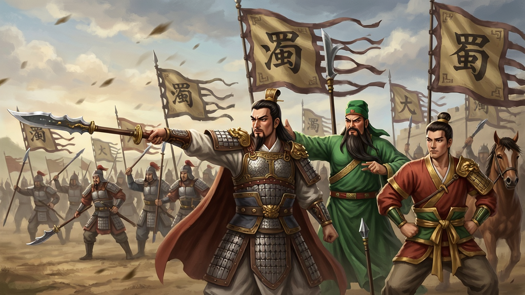 蜀汉英雄志游戏战斗场景,刘备关羽张飞三兄弟在战场上指挥军队,古代战旗飘扬