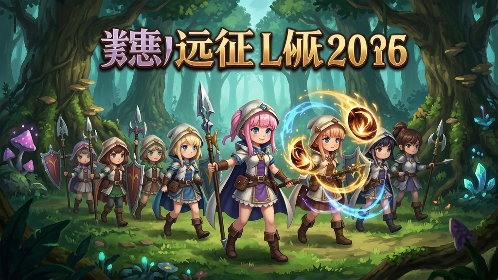 萝莉的远征战略版游戏宣传图,角色在奇幻森林中列队行进,技能特效绚丽