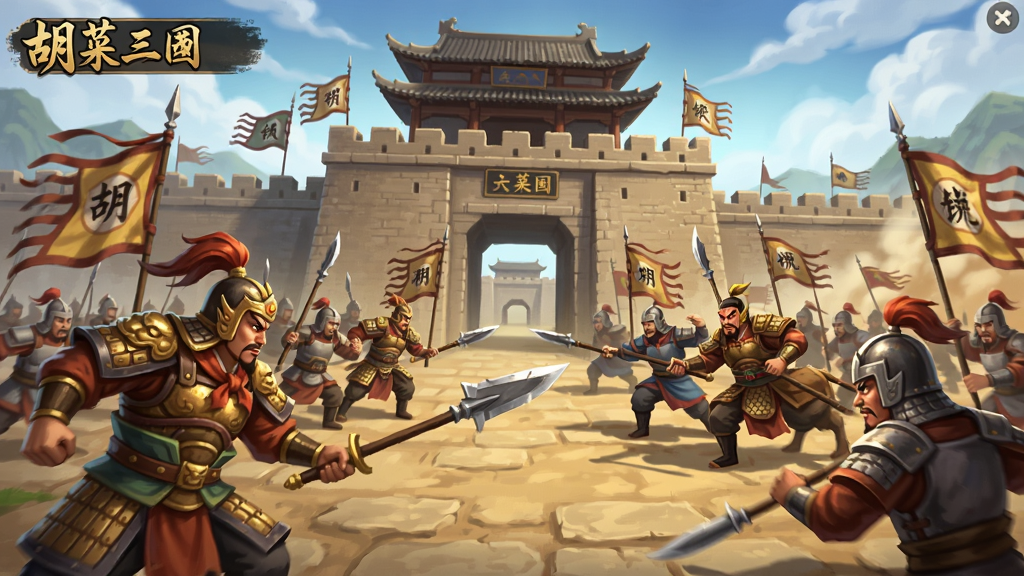 胡莱三国单机版游戏场景,武将率领士兵在城门前激战,画面色彩鲜明,带有经典三国风格