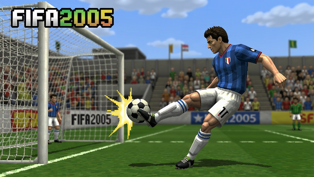 FIFA2005 足球游戏 绿茵场上球员射门瞬间 经典画面 怀旧风格