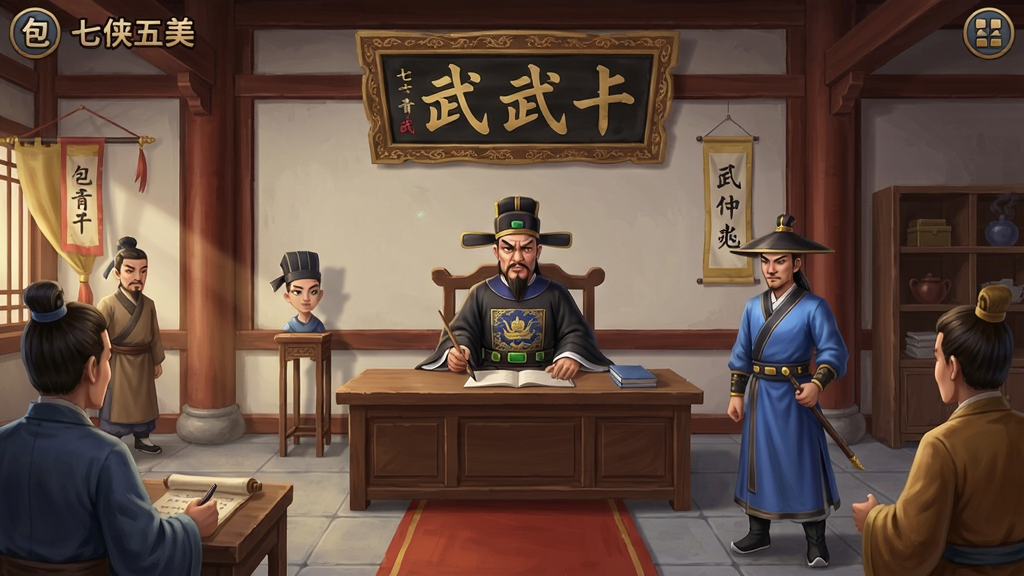 包青天之七侠五义游戏场景,包拯与展昭在开封府大堂内审案,背景有威武牌匾和古代衙门陈设