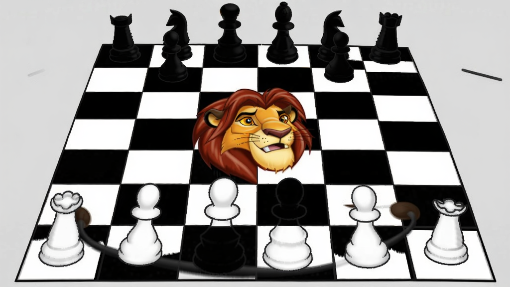 狮子王黑白棋游戏画面,卡通狮子王主题的棋盘对局场景,棋子黑白分明,界面简洁明快