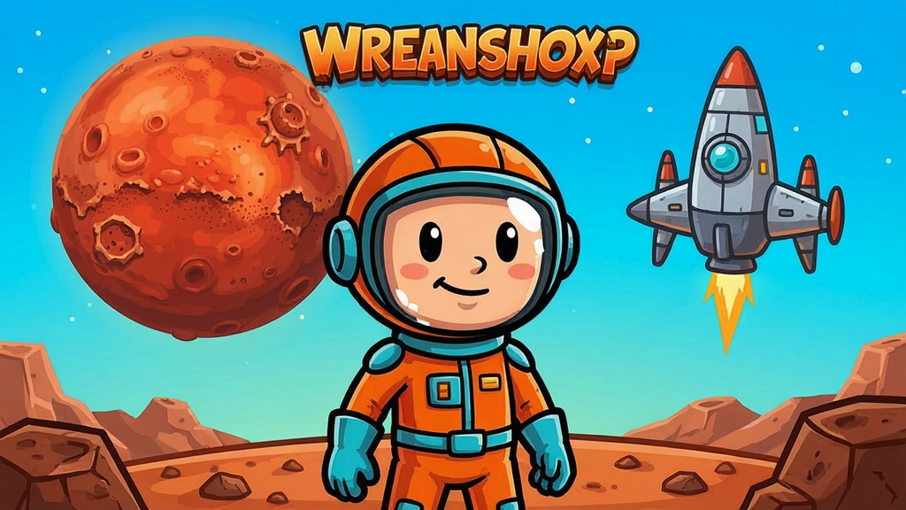 火星来客游戏主角站在火星地表上,背景是巨大的红色星球和星际飞船,卡通风格,色彩明亮