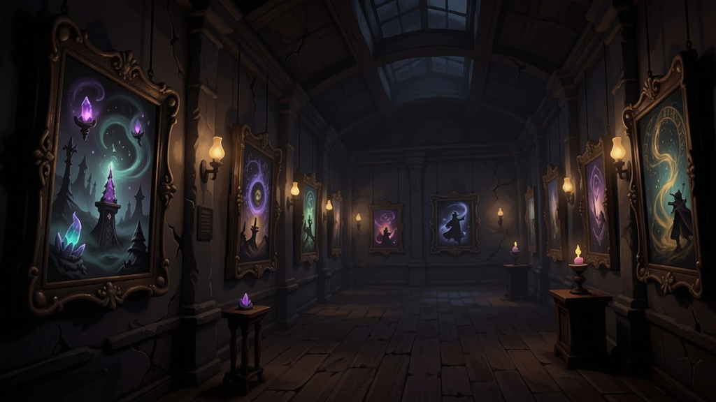 神秘画廊游戏场景,一间挂满魔法画作的古老画廊,暖黄色灯光营造神秘氛围,画中透出奇异光芒