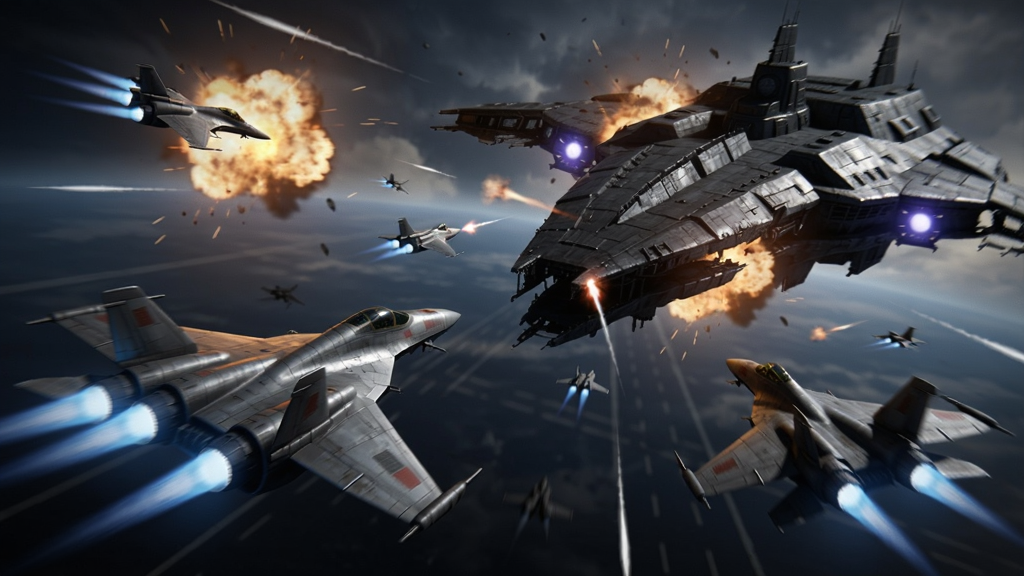 真实空间3战斗场景,战机与巨型外星母舰对抗,爆炸火光四射