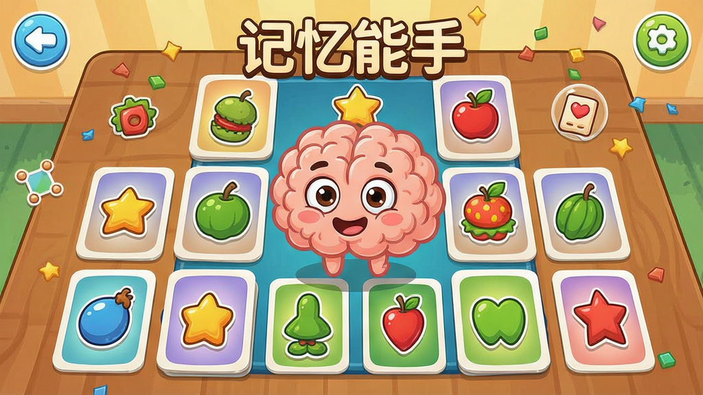 记忆能手游戏界面,卡通风格的记忆配对场景,桌面上有各种彩色图案的卡片,一只卡通大脑在中央微笑
