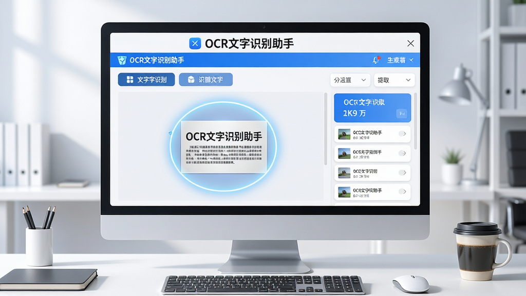 ���壺һ����Ϊ��OCR����ʶ�����֡�����������չʾ�ڵ�����Ļ�ϣ���Ļ�Ϸ��������������֡�OCR����ʶ�����֡�������������ʾһ�Ŵ������ֵ�ͼƬ��ͼƬ��Χ�и����Ĺ�Ȧ���Ҳ�����ȡ���������б������֣�������Ļ���У�����Ϊ����İ칫���棬��Χ�м��̡�����һ�����ȡ��Ű棺��Ļ�������������ܰ�ť�������룬����ʶ�����Կ�Ƭ��ʽ���֡�����ִ��Ƽ��У�������ˬ����ɫ�Ͱ�ɫΪ��ɫ����ϸ�ڣ����������е����������ɶ�����ťͼ�꾫�£�������ͣ���Ӱ��Ȼ�����ʣ�8K�����壬ϸ�ڷḻ���ɾ��޶���Ԫ�ء�