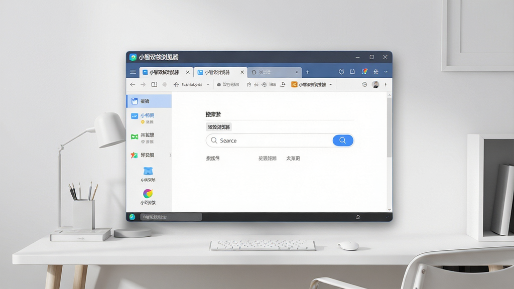 画面主体为“小智双核浏览器”软件界面悬浮于现代简约书桌上方,界面展示多标签页与搜索框,布局居中,排版清晰,风格干净明亮,细节包括图标高光与阴影,画质8K,干净无多余元素,文字显示“小智双核浏览器”