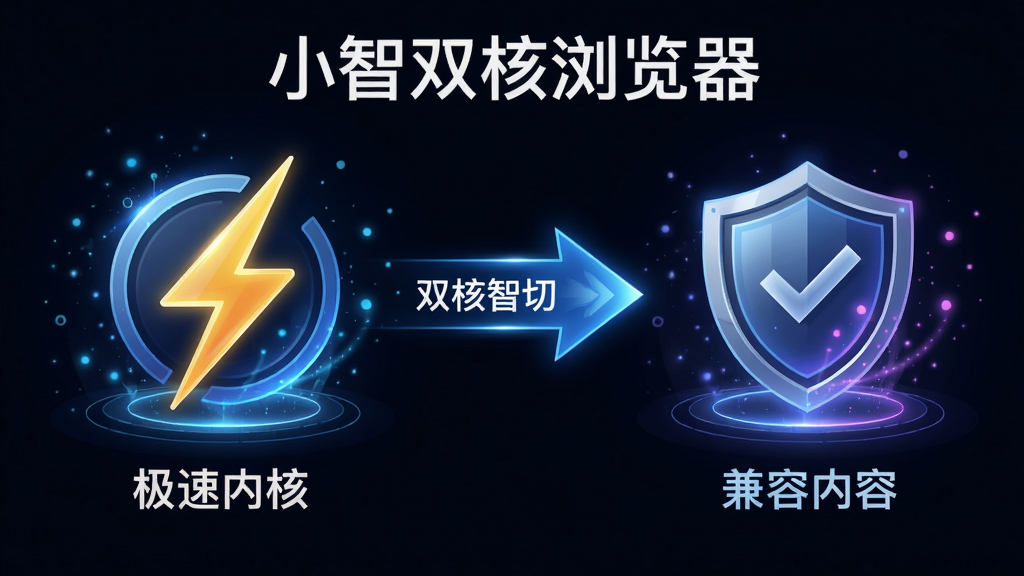 画面主体为“小智双核浏览器”双核切换示意图,左侧极速内核闪电图标,右侧兼容内核盾牌图标,中间箭头连接,布局左右对称,排版清晰,风格科技感,细节包括光效与粒子,画质高清,干净无多余元素,文字标注“双核智切”