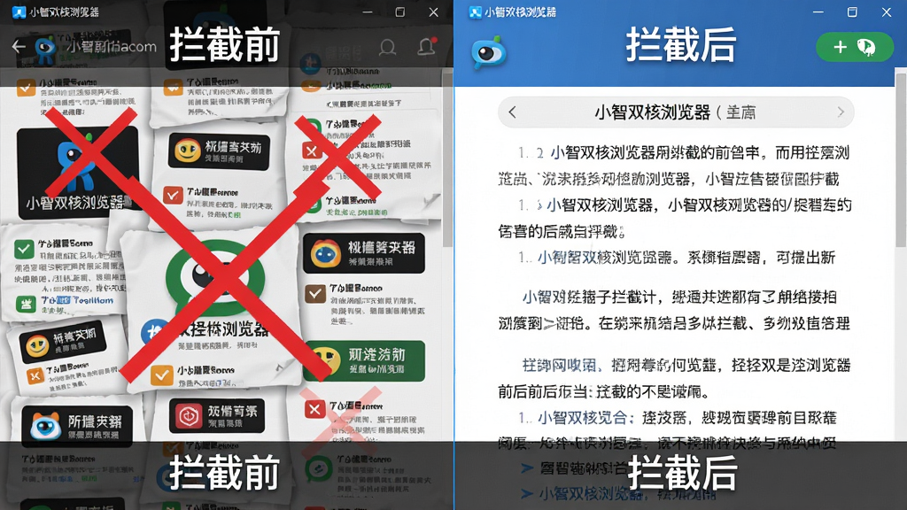画面主体为“小智双核浏览器”广告拦截前后对比图,左侧杂乱广告页面,右侧干净阅读页面,布局左右对比,排版简洁,风格写实,细节包括广告图标被划掉,画质清晰,干净无多余元素,文字显示“拦截前”“拦截后”