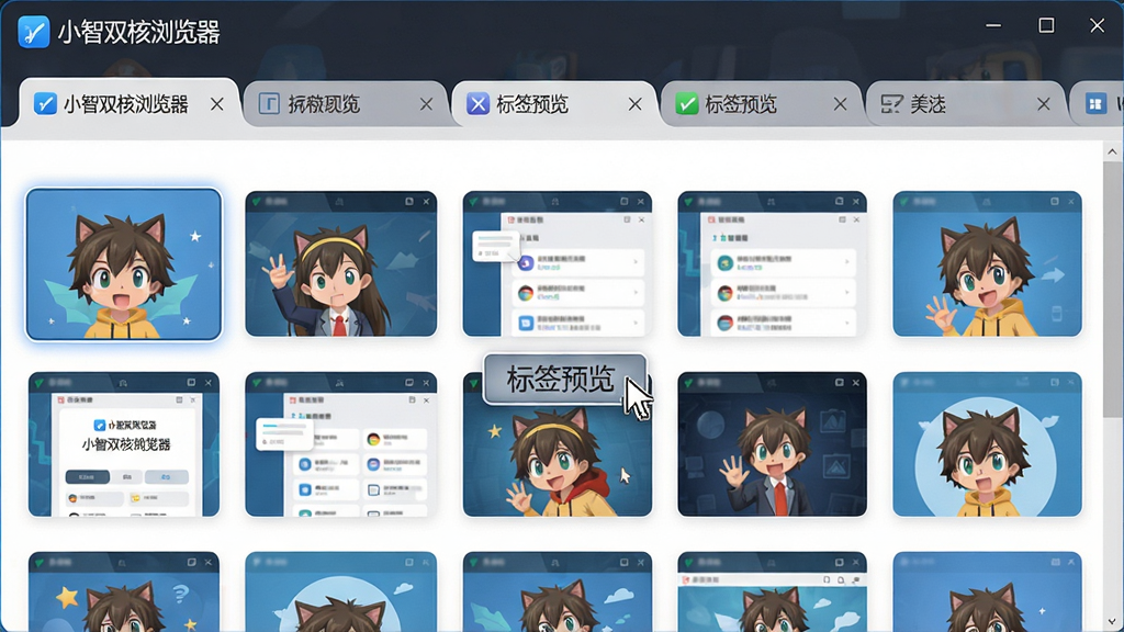 画面主体为“小智双核浏览器”多标签页预览界面,顶部一排标签,下方展示缩略图网格,布局网格状,排版清晰,风格现代,细节包括鼠标悬停高亮,画质干净,无多余元素,文字显示“标签预览”