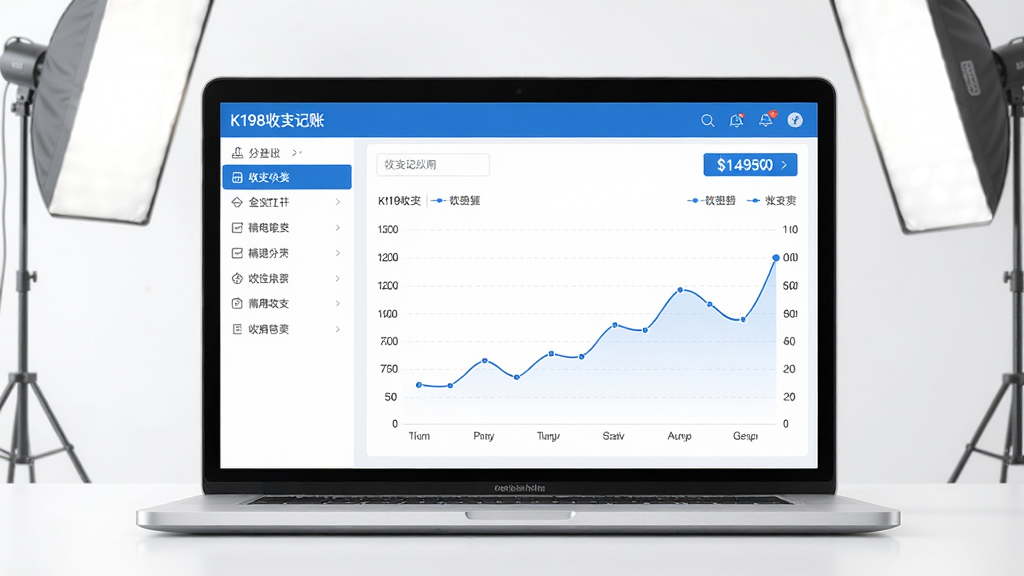 高清摄影棚灯光下,一台笔记本电脑屏幕显示K198收支记账软件的界面,界面以蓝白配色为主,左侧是分类菜单,右侧是收支趋势折线图,画面干净明亮,突出软件的专业与易用性,画质清晰,无多余元素