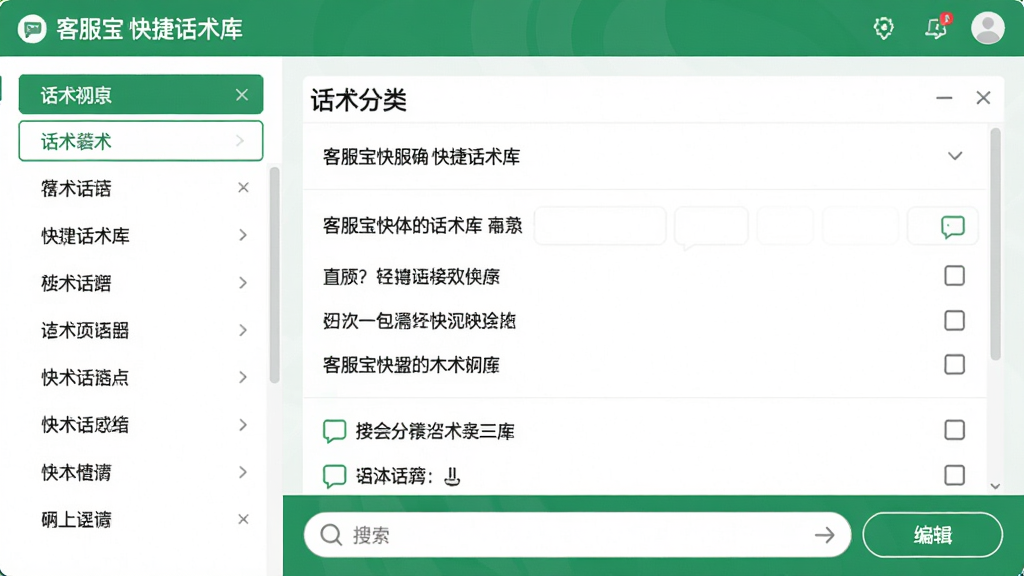 客服宝快捷话术库界面,左侧为话术分类列表,右侧为话术内容预览,底部有搜索框和编辑按钮,界面清爽,绿色调,高分辨率,干净整洁