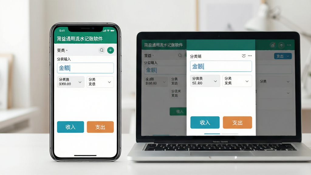 一张智能手机和一台笔记本电脑并排放置,屏幕中同时展示简益通用流水记账软件的记账输入界面,界面下方有“收入”“支出”两个大按钮,中间是金额输入框和分类选择栏。布局为左右分屏,风格写实,光线柔和,突出软件在不同设备上的同步体验,画质细腻干净,无多余元素,屏幕显示“简益通用流水记账软件”。