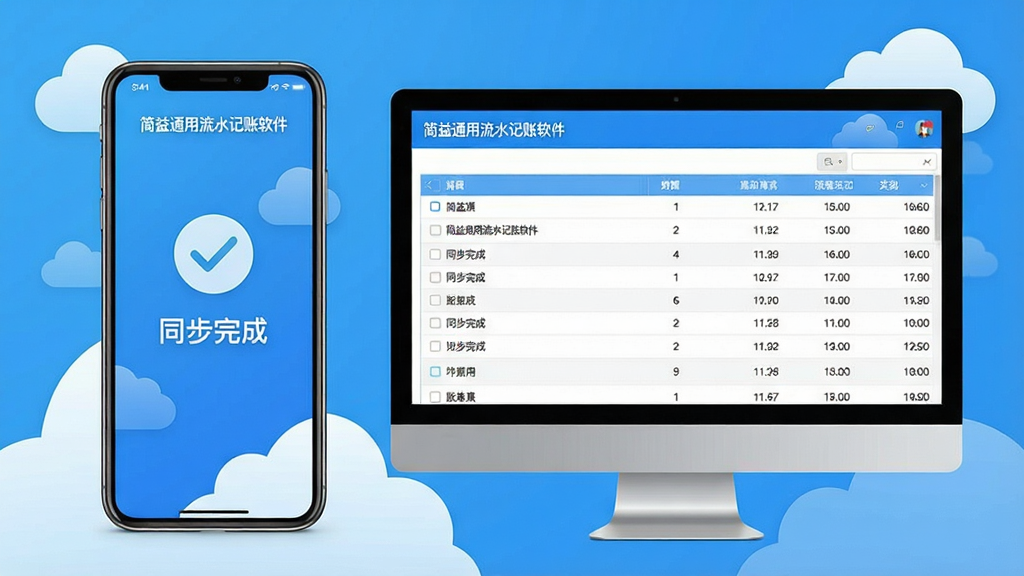 手机和电脑同时显示简益通用流水记账软件的数据同步成功界面,手机屏幕上有一个对勾图标和“同步完成”字样,电脑屏幕上是账目列表。整体布局为左右对称,风格清新明亮,以蓝色为主色调,细节处有云朵图标,画质高清干净,无多余元素,屏幕上有“简益通用流水记账软件”名称。