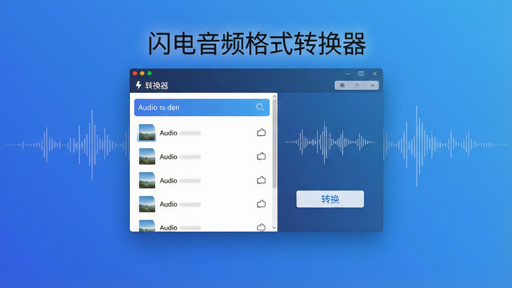 一幅现代简约风格的软件宣传横幅,主体为“闪电音频格式转换器”界面悬浮于渐变蓝色背景之上,界面中清晰展示音频文件列表与转换按钮,布局规整,排版大气,采用扁平化设计,细节处有音频波形点缀,画质高清,干净无多余元素