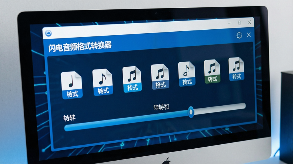 一张展示音频格式转换过程的特写图片,主体为电脑屏幕上的“闪电音频格式转换器”操作界面,屏幕中显示多种音频格式图标与转换进度条,布局清晰,排版整洁,采用科技感蓝白配色,画质细腻,干净无多余元素