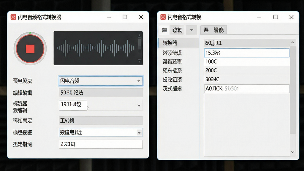 一张展示录音与标签编辑功能的界面截图,主体为“闪电音频格式转换器”的录音窗口与标签编辑窗口,窗口中包含录音按钮和标签字段,布局清晰,排版简洁,采用浅色风格,画质锐利,干净无多余元素