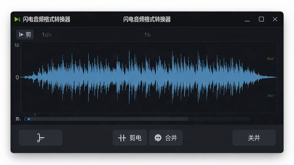 一幅展示音频编辑功能的界面预览,主体为“闪电音频格式转换器”的编辑面板,面板中显示音频波形图与剪切、合并工具按钮,布局合理,排版有序,采用深色主题,细节丰富,画质高清,干净无多余元素