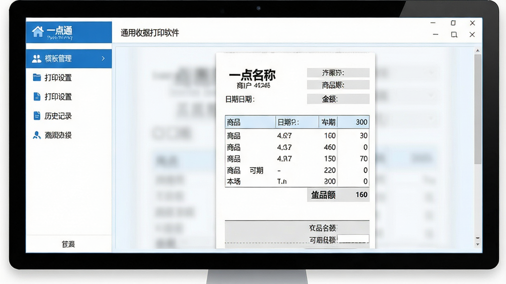 一幅展示一点通通用收据打印软件主界面的电脑截图,界面左侧为功能导航栏,包含模板管理、打印设置、历史记录等选项,中央区域为收据预览窗口,显示一张格式规范的收据样板,包含商户名称、日期、商品明细、金额等字段,整体布局清晰,配色以蓝白为主,风格简洁现代,画质高清干净,无多余元素