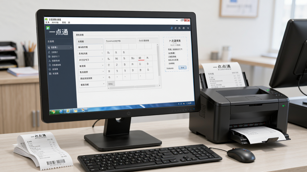 一张展示一点通通用收据打印软件运行在电脑上的实际场景图,屏幕显示软件主界面,旁边放置一台打印机,桌面上有打印好的收据,环境为办公室或店铺收银台,光线明亮,风格写实,画质清晰,无多余元素