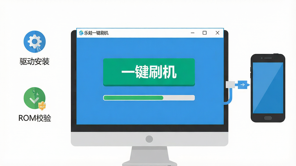 一张扁平化风格的功能示意图,主体是电脑屏幕上的“乐蛙一键刷机”软件窗口,窗口内显示“一键刷机”大按钮和进度条,旁边有手机连接动画,背景为白色,布局左右对称,排版清晰,风格简洁明亮,细节包含驱动安装和ROM校验图标,画质干净,无多余元素