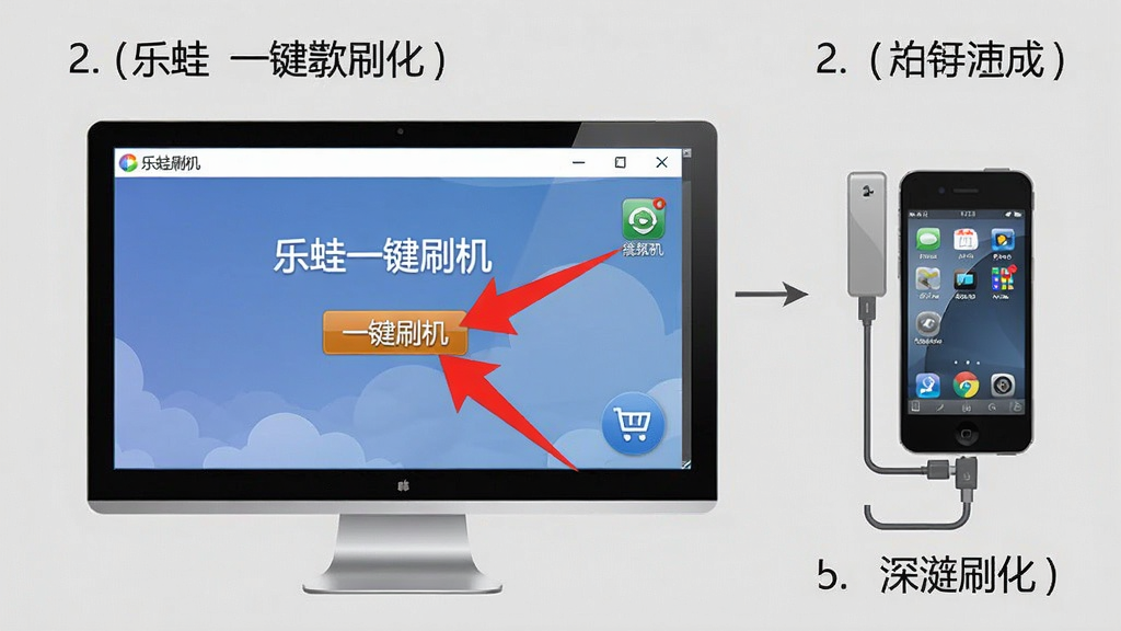 一张详细的操作步骤图解,主体是电脑屏幕上的“乐蛙一键刷机”操作界面,用红色箭头标注“一键刷机”按钮,旁边有手机连接示意图,背景为浅灰色,布局分步式,排版清晰,风格教程风,细节包含每一步的说明文字,画质干净,无多余元素