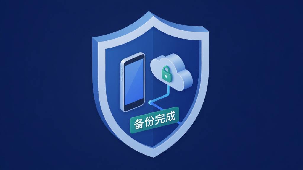 一张数据备份与恢复的3D概念图,主体是一个盾牌图标,盾牌内包含手机和云端的图形,背景为深蓝色,布局居中,排版简洁,风格科技感,细节有“备份完成”字样,画质干净,无多余元素