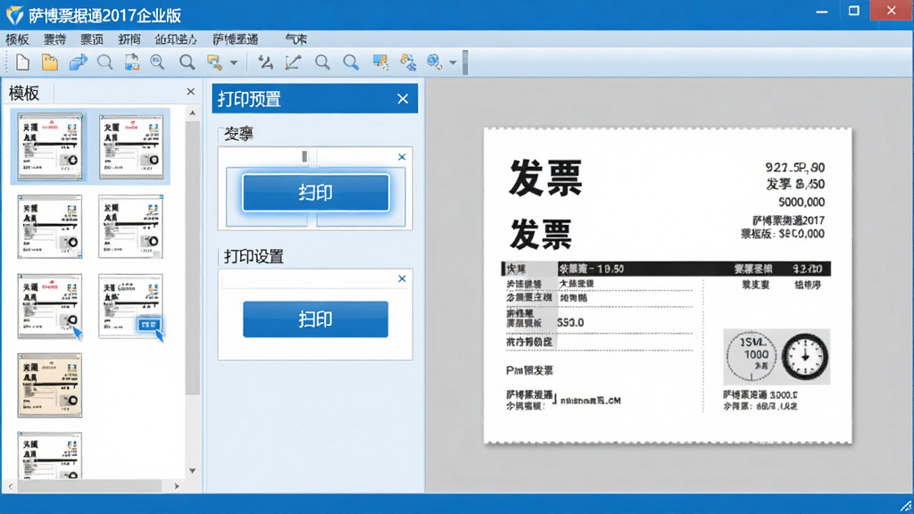 主体:萨博票据通2017企业版软件主界面,显示票据预览与打印设置面板;布局:左侧模板列表,右侧票据预览区,顶部工具栏;排版:清晰的功能分区,现代商务风格;风格:简洁明亮,蓝色主色调;细节:票据上印有“发票”字样,打印按钮高亮;画质:高清渲染,干净无多余元素,文字标识“萨博票据通2017企业版”