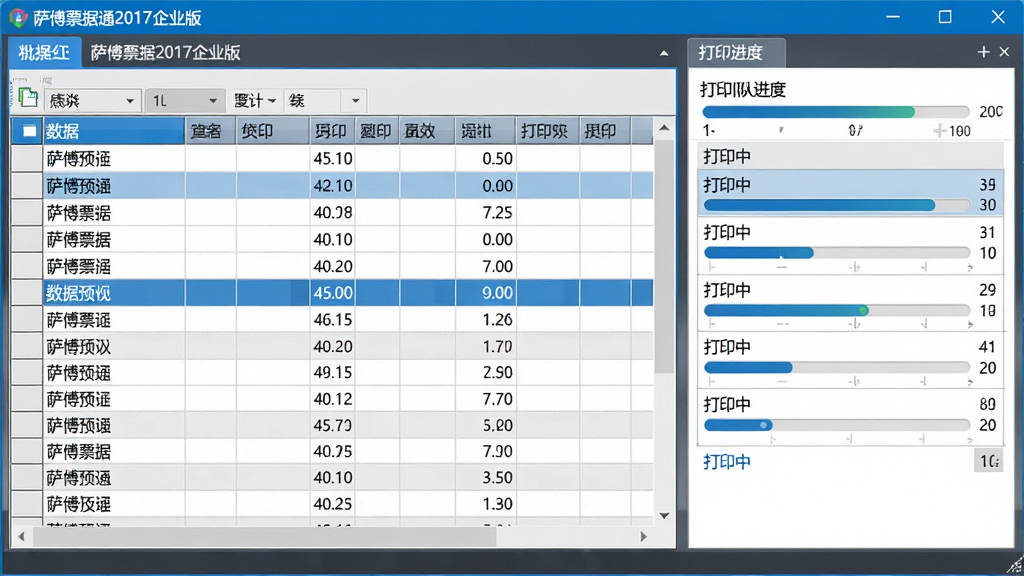 主体:萨博票据通2017企业版批量打印操作界面,表格数据与打印队列并列显示;布局:左侧数据预览表格,右侧打印进度条;排版:数据行高亮显示,进度条清晰;风格:专业高效,蓝灰配色;细节:打印队列显示“打印中”状态,软件名称在窗口标题栏;画质:细腻真实,无多余物品