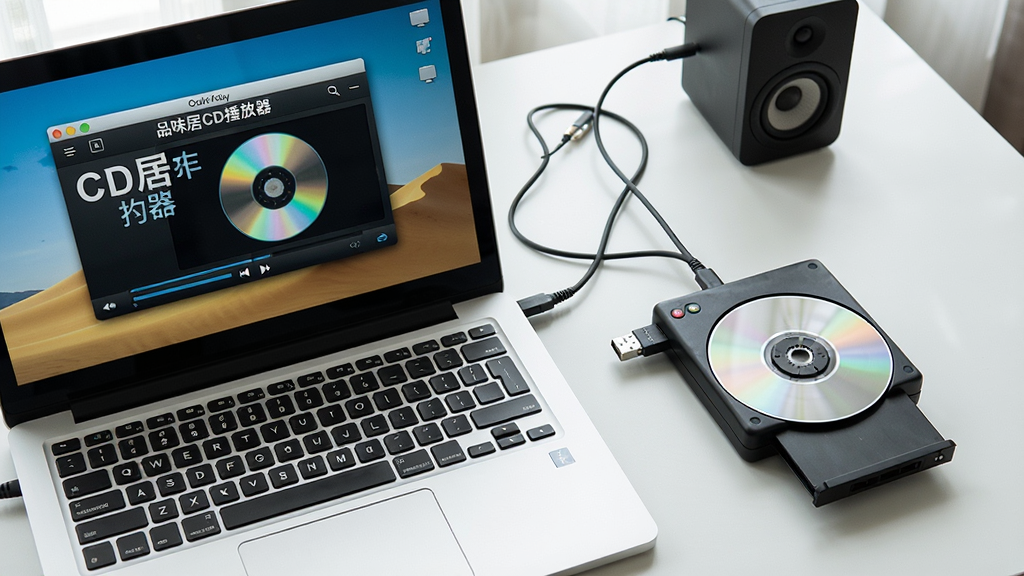 主体:一台笔记本电脑连接着外置USB光驱,正在播放一张CD,屏幕上显示品味居CD播放器的界面。布局:画面左侧为笔记本电脑屏幕,右侧为外置光驱,桌面整洁,有简单的音频线连接着小型音箱。排版:整体为俯视角度,清晰展示设备连接方式。风格:写实生活场景,光线明亮自然,充满科技生活气息。细节:屏幕上的播放器界面显示“品味居CD播放器”字样,光驱托盘半开,可见光盘旋转。画质:高清,色彩自然,画面干净无多余元素。