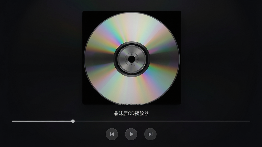 主体:品味居CD播放器的沉浸式播放界面。布局:界面中央大面积展示当前播放CD的封面艺术图,底部仅有一条纤细的播放进度条和三个半透明圆形控制按钮。排版:封面图占据约80%的视觉面积,营造强烈的视觉冲击。风格:现代极简主义,深色背景,UI元素极少,强调内容本身。细节:封面图下方以优雅的白色小字显示“品味居CD播放器”,整个画面光线柔和,充满沉浸感。画质:高分辨率,无噪点,画面纯净,无多余元素。