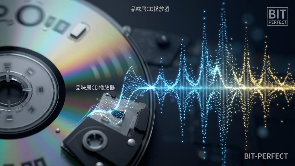 主体:特写镜头下的CD光盘数据读取过程,抽象化表现。布局:画面左侧为高速旋转的CD光盘局部,右侧为放大的数字音频流波形,由无数光点组成。排版:波形图以蓝色与金色渐变色呈现,形成流动的音频瀑布。风格:科技感与艺术感交融,营造数据精准传输的视觉氛围。细节:画面中悬浮着微小的“品味居CD播放器”字样水印,以及“BIT-PERFECT”英文标识,强调无损读取特性。画质:高清晰度,焦点锐利,背景虚化,干净无多余元素。