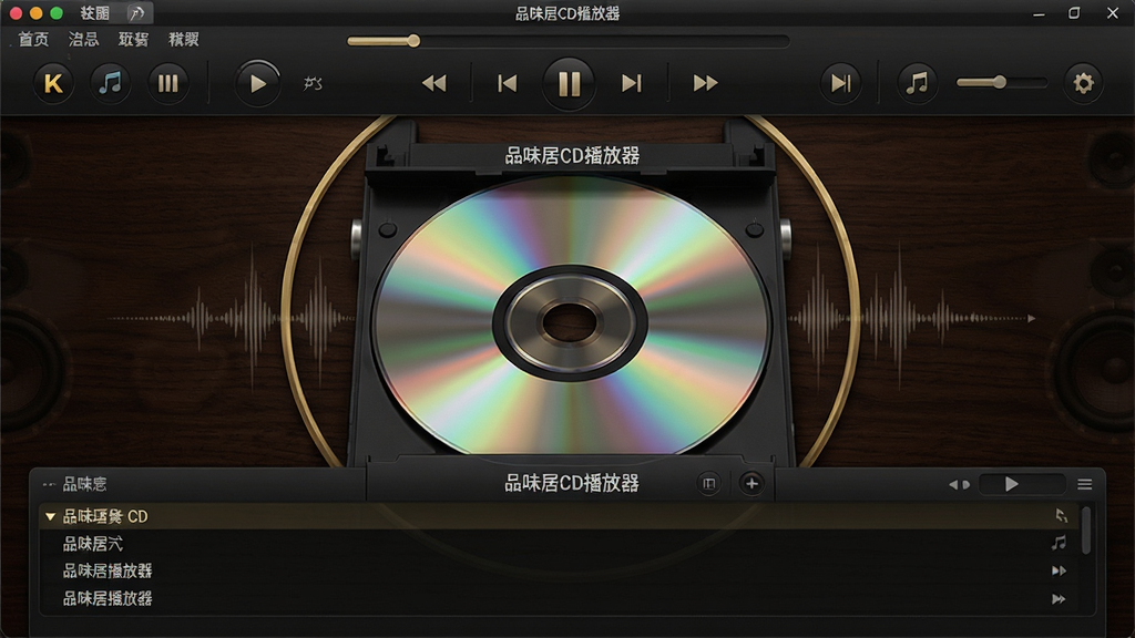 主体:品味居CD播放器软件界面,位于画面中央,界面设计简洁优雅,采用深色木纹质感背景,搭配金色线条勾勒出CD光盘的圆形轮廓。布局:软件主窗口占据画面主体,上方为菜单栏与播放控制区,下方为CD曲目列表面板。排版:界面元素排列整齐,功能图标清晰可见,模拟正在播放一张古典音乐CD。风格:写实与数字艺术结合,光影效果细腻,突出高端音响设备的质感。细节:播放界面中显示“品味居CD播放器”字样,光盘托盘中有一张反射着光泽的CD唱片,周围环绕着微弱的音频波形特效。画质:8K超高清渲染,色彩饱满,细节丰富,画面干净无多余元素。